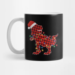 Funny Dinosaur T Rex Wearing santa hat, christmas lights and red buffalo plaid Mug